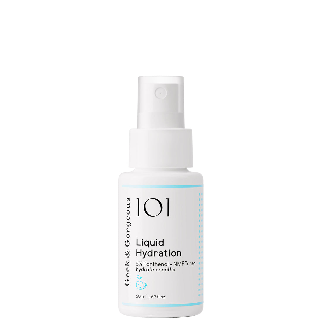 The small, 50 ml version of our Liquid Hydration toner spray standing in front of a white background.